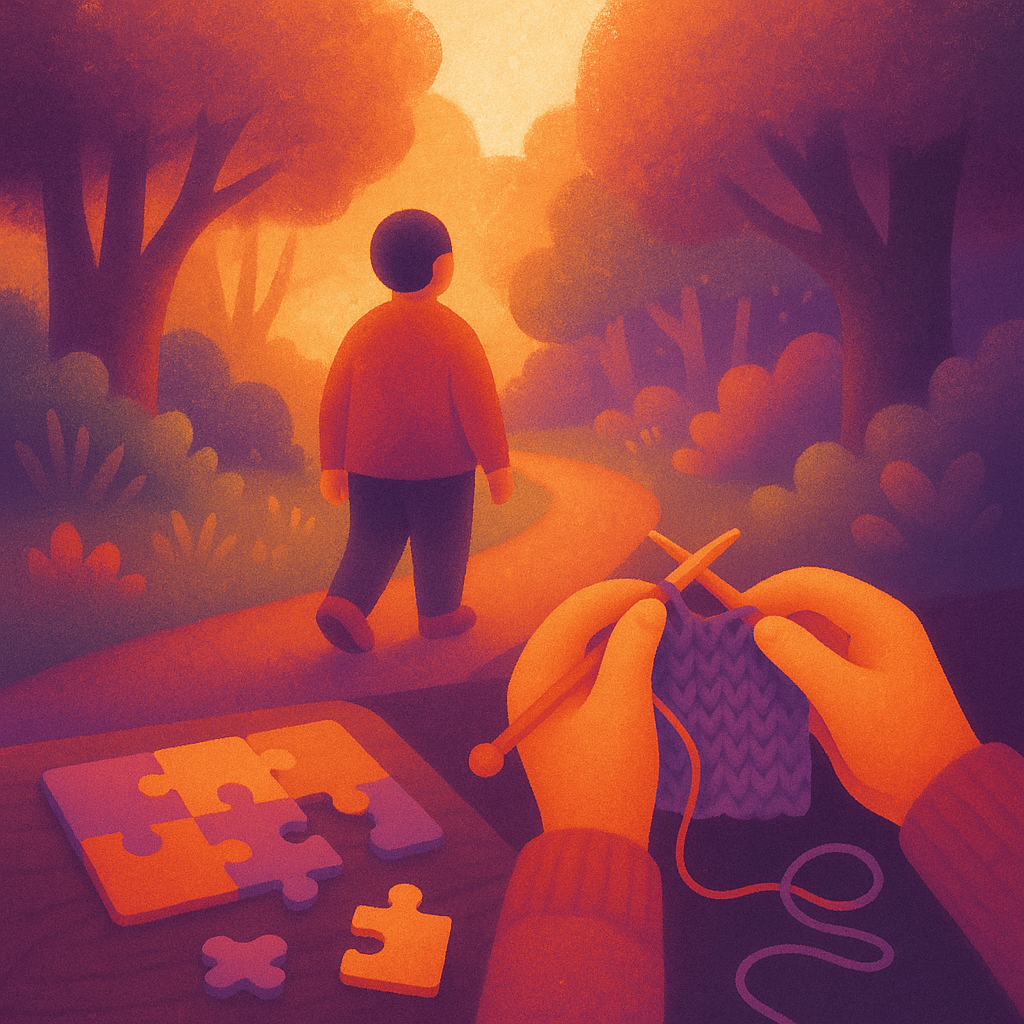 Person walking through nature, knitting, or puzzling